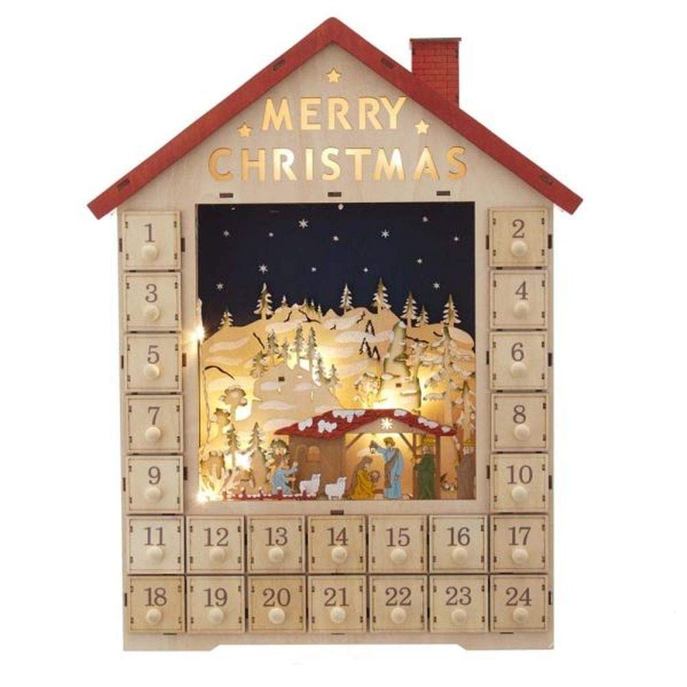 Kurt S. Adler 19-Inch Battery-Operated Light-Up House with Nativity Scene Advent Calendar, Multi