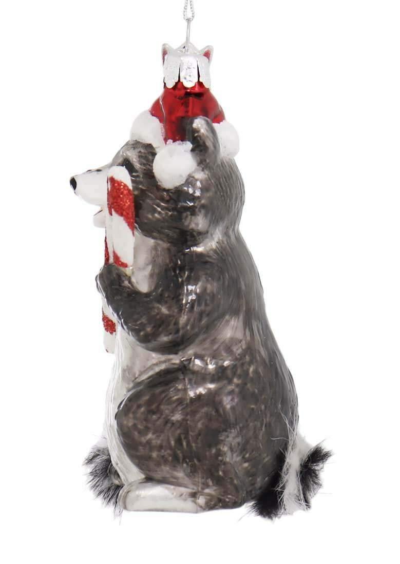 Noble Gems Raccoon with Candy Cane Glass Christmas Ornament NB1569