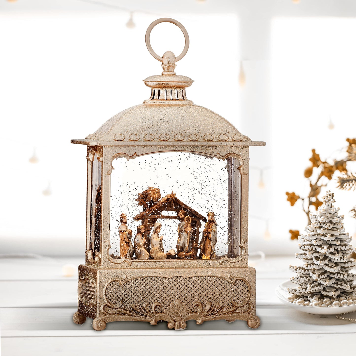 Regency International Nativity Square Lantern Globe, 12 inches, Champagne Gold, Led Lights, USB or Battery Operated with Timer