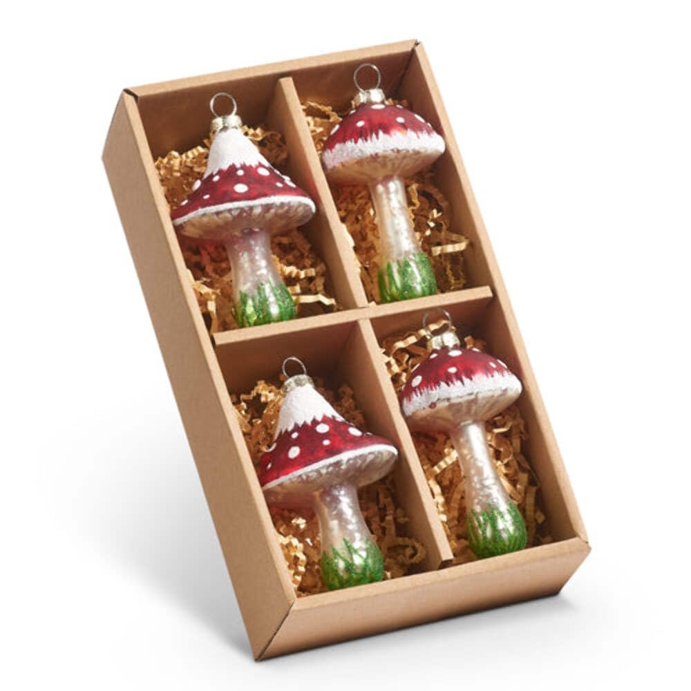 Raz Imports Box of Red Mushroom Hanging Ornaments, Set of 4, Christmas Holiday Decor