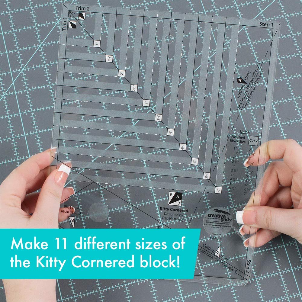 Creative Grids Kitty Cornered Quilt Ruler – CGRDH5 – Made in USA, 11in x 11in, Non-Slip Grip Acrylic Quilting, Sewing, Crafting, Patchwork Ruler & Template