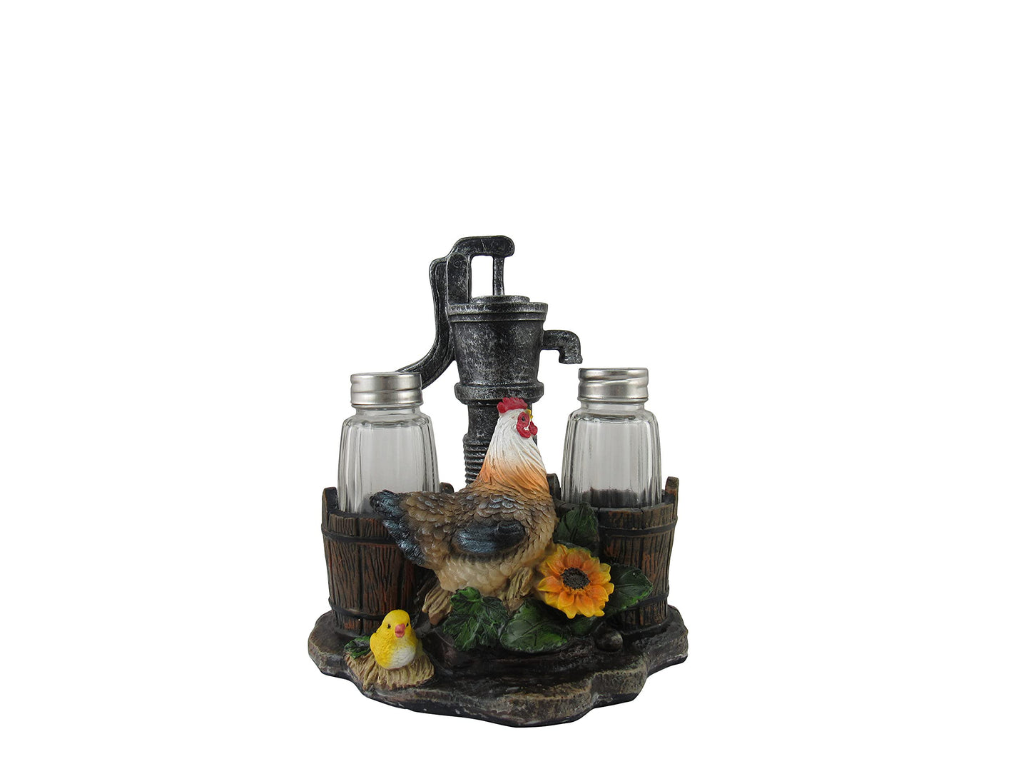 DWK Farmhouse Chicken Figurine with Vintage Water Pump Spice Holder with Refillable Salt and Pepper Shakers 3 Piece Set | Rustic Salt and Pepper Shaker - 6"