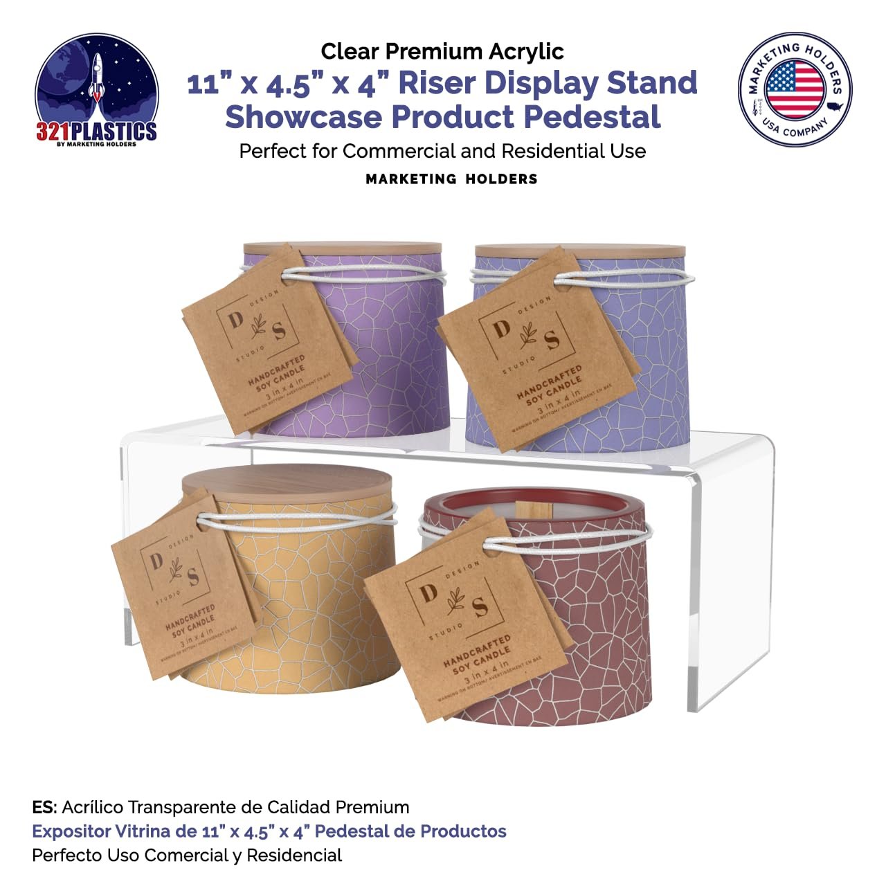 Marketing Holders Clear Acrylic Riser Display Stand 11" Wide x 4.5" Deep Merchandising Showcase Pedestal Retail Stores and Boutiques Throne Counter Small Figurines and Products Platform