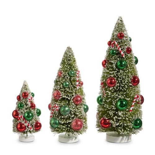 Raz Imports Snowy Bottle Brush Trees with Ornaments, Set of 3, 12-inch Height, Christmas Holiday Decor