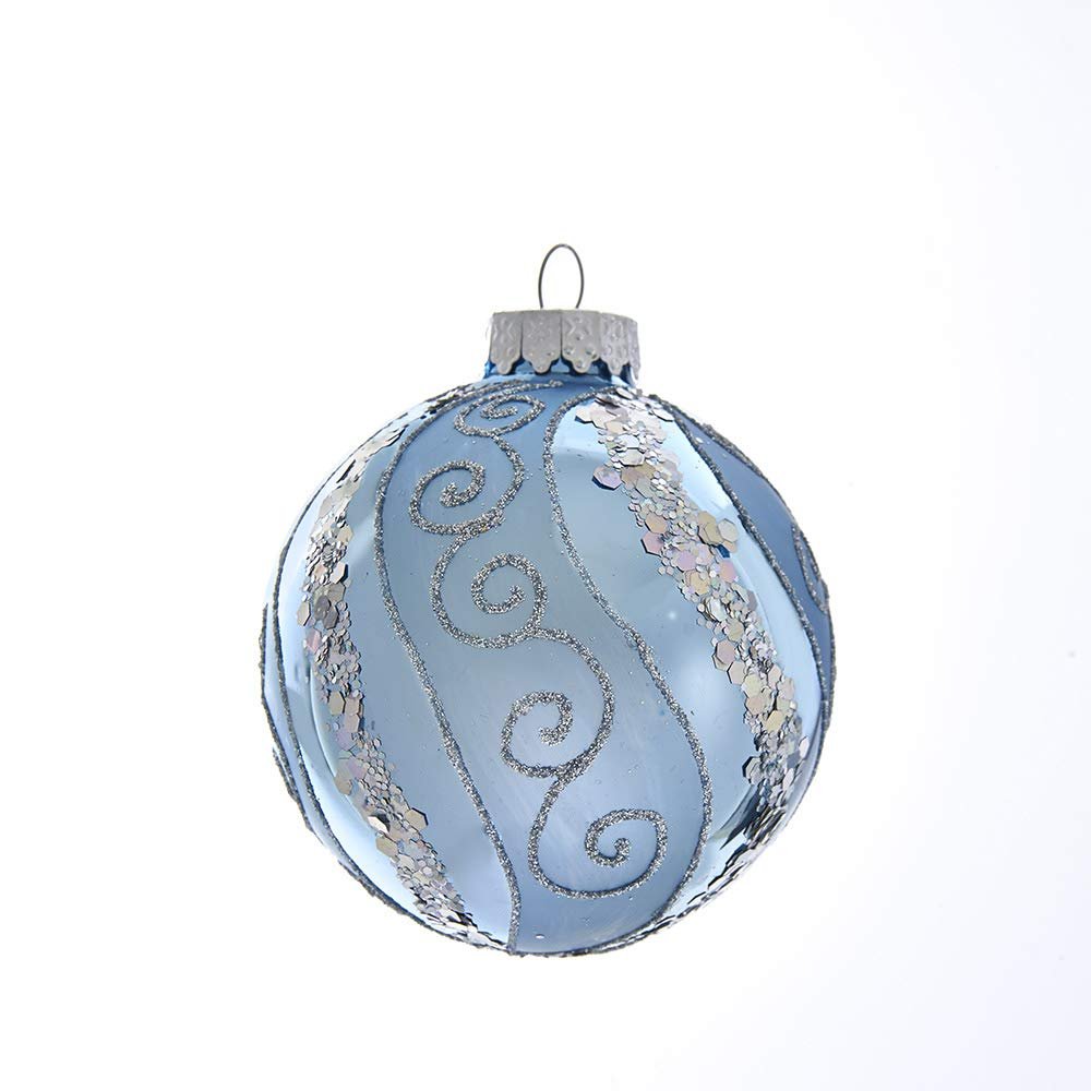 Kurt Adler 80MM Silver Blue with Glitter and Sequins Glass Ball Ornaments, 6 Piece Box