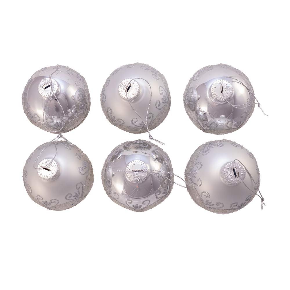 Kurt Adler 80MM Silver with Glitter and Sequins Glass Ball Ornaments, 6 Piece Box