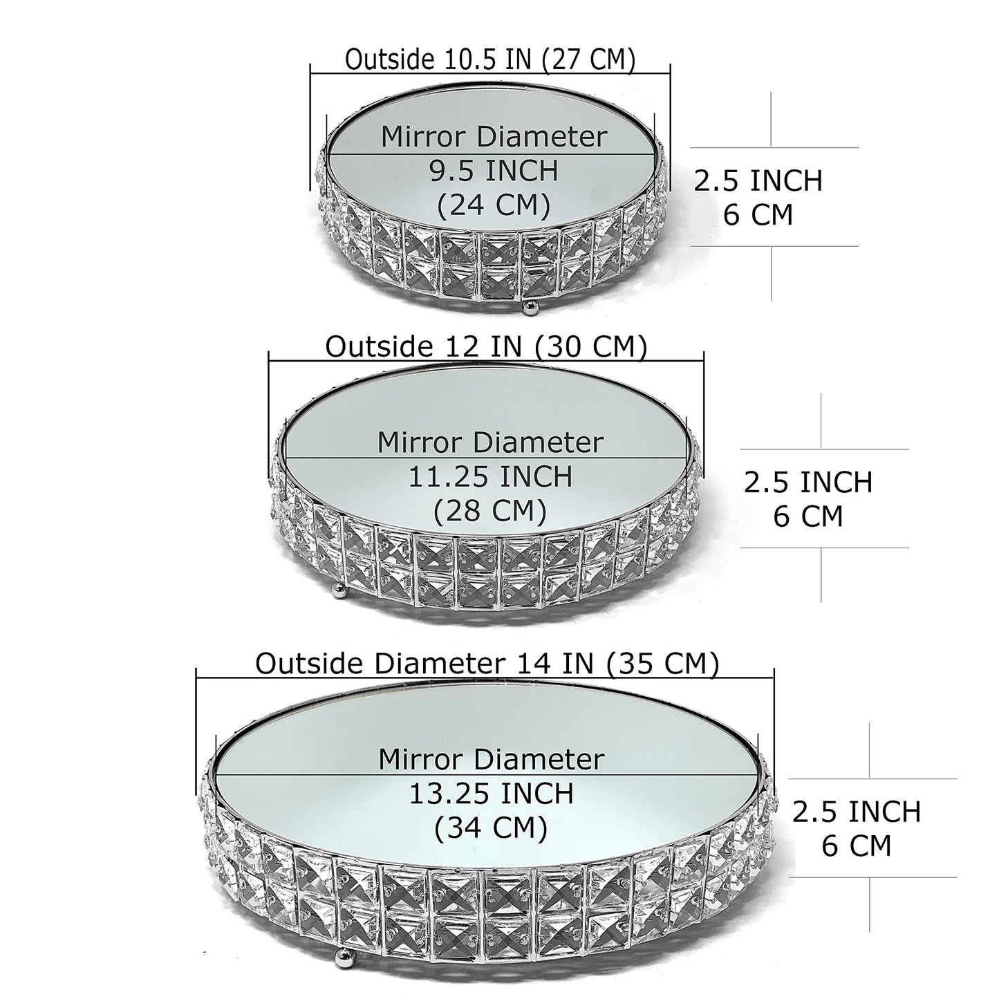 Allgala 3 Piece Set Crystal Gold Plated Dessert Cheese Cupcake Cake Stand with Mirror Plate