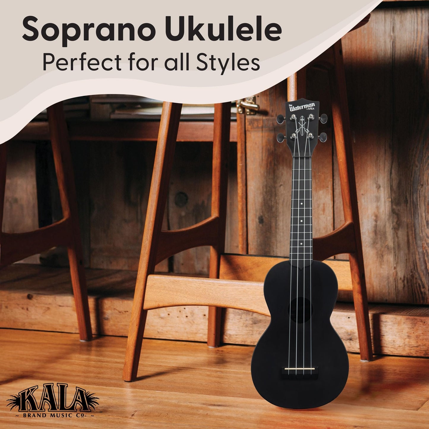 Kala Brand Music Co. The Waterman Beach Collection, 4-String Ukulele, Right, Black Sand, Soprano (KA-WMS-BK-S)