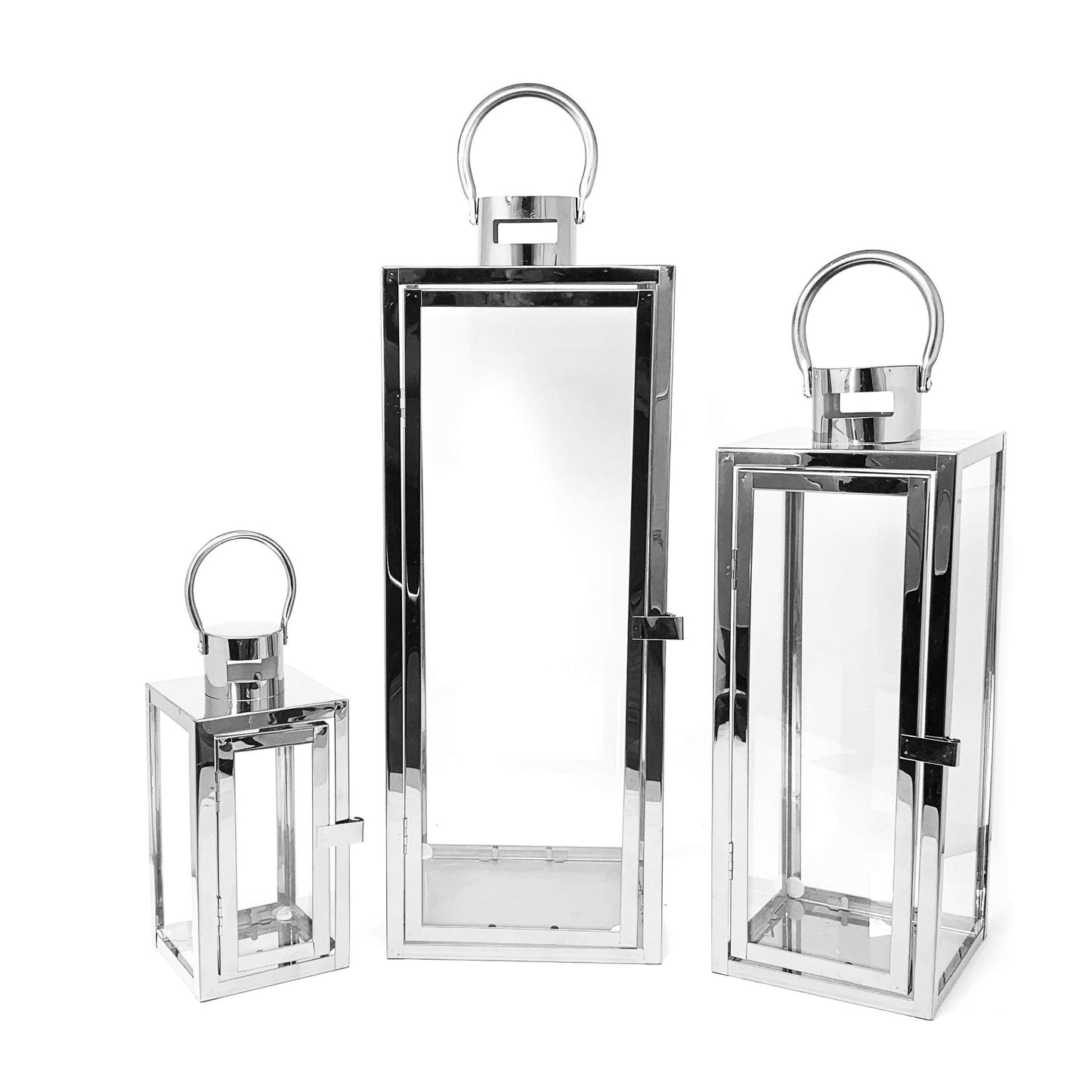 Allgala Lantern Set 3-PC Jumbo Deluxe Modern Indoor/Outdoor Candle Lantern Set with Chrome Plated Structure and Tempered Glass for Garden Poolside Fireplace Wedding