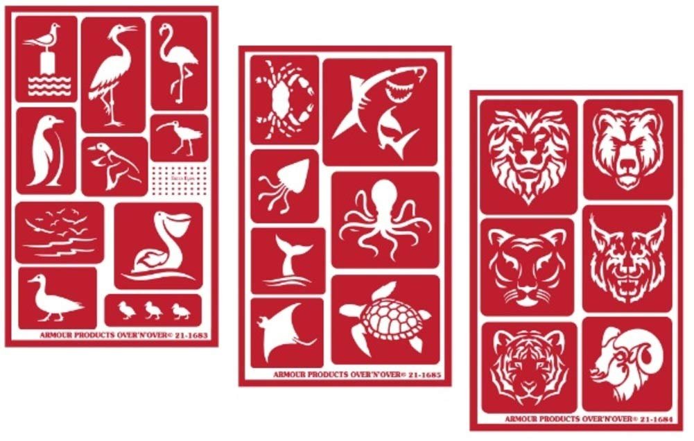 3 Armour Etch Over N Over Reusable Glass Etching Stencils Set | Wild Life Animals, Sea Creatures, Birds Theme
