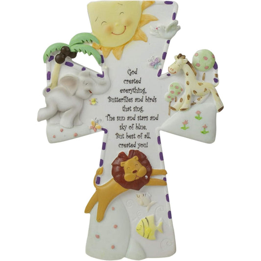 God Created Everything 7 inch Resin Stone Decorative Hanging Wall Cross for Nursery