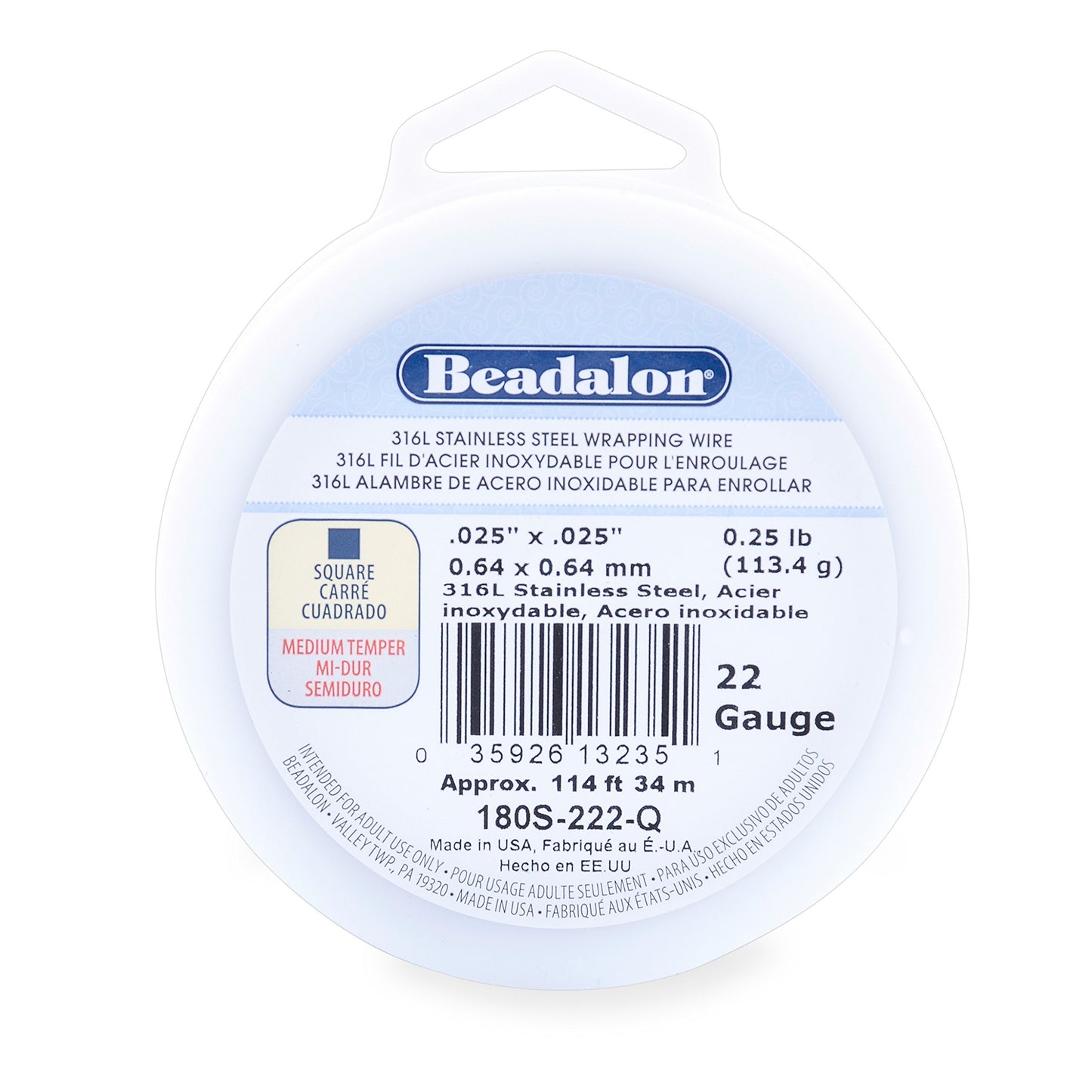 Beadalon 316L Stainless Steel Wrapping Wire, Square, 22 Gauge, 114 feet, 1/4 Pound