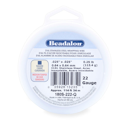 Beadalon 316L Stainless Steel Wrapping Wire, Square, 22 Gauge, 114 feet, 1/4 Pound
