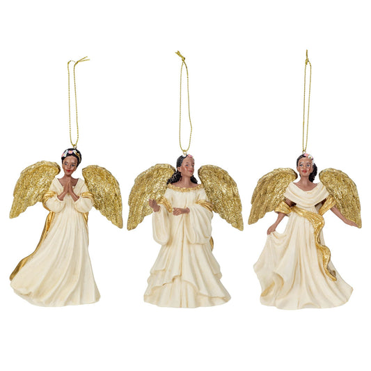 Kurt Adler IVORY AND GOLD AFRICAN AMERICAN ANGEL ORNAMENT - 3 ASSORTED