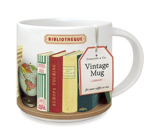 Cavallini Vintage Library Books Mug, 14 fl oz, Decorative Gift Box Included