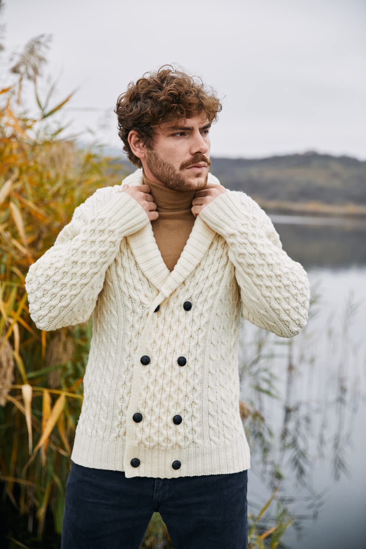SAOL 100% Merino Wool Double Breasted Shawl Cardigan with Buttons for Men's (US, Alpha, Large, Regular, Regular, Natural)