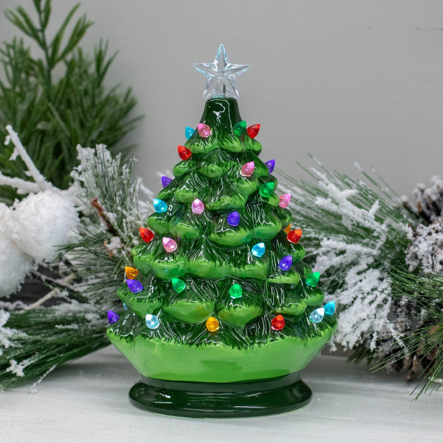Raz Imports Vintage Green Lighted Ceramic Christmas Tree with Timer 8 Inch