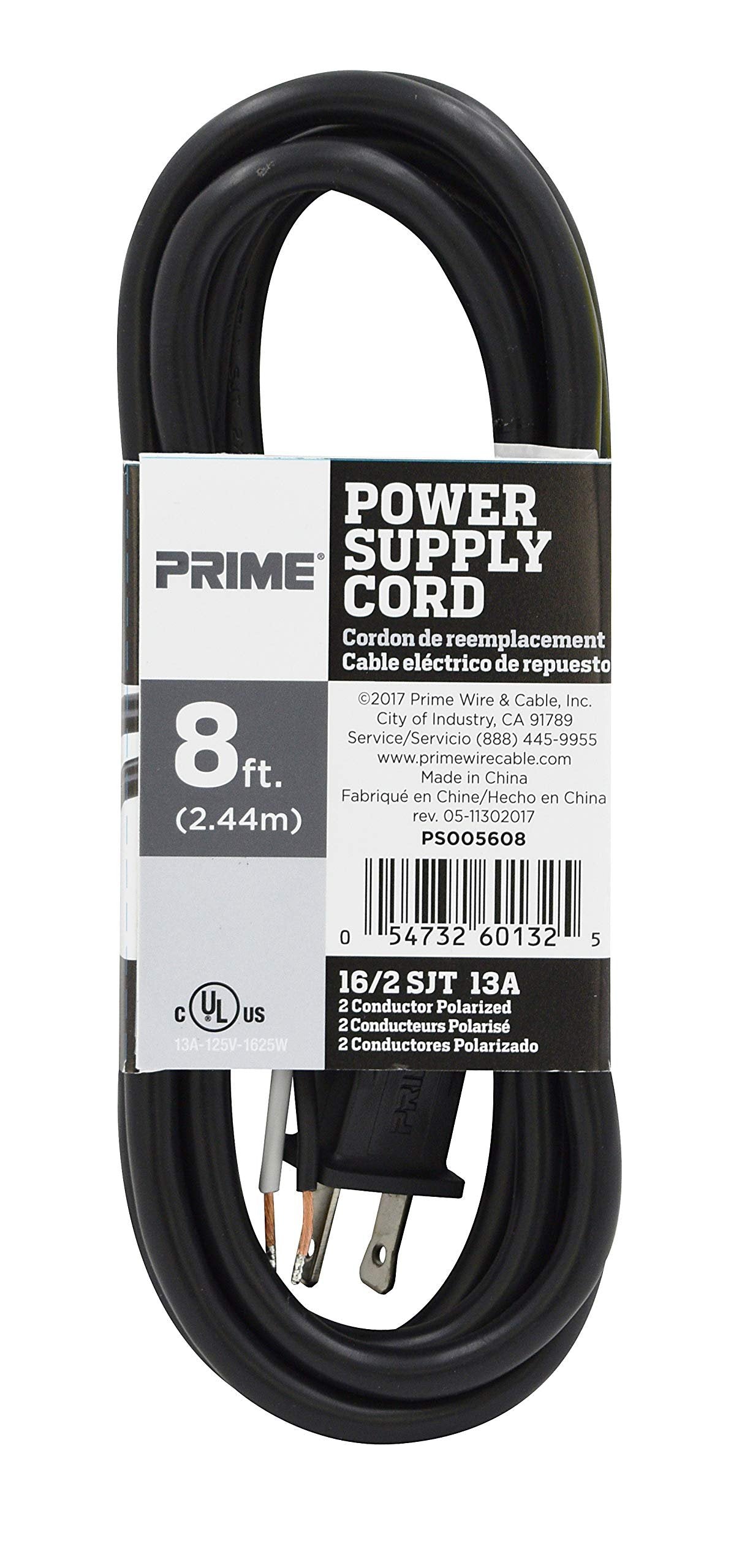 Prime PS005608 8-Feet 16/2 SJT Replacement Power Supply Cord, Black