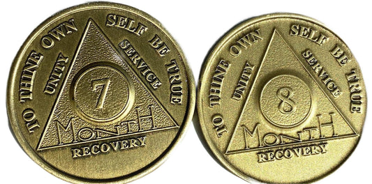 7 Month and 8 Month AA Medallion Sobriety Chip Set Serenity Prayer Back