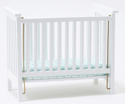 Classics by Handley Dollhouse Miniature White Slatted Nursery Crib with Blue Fabric