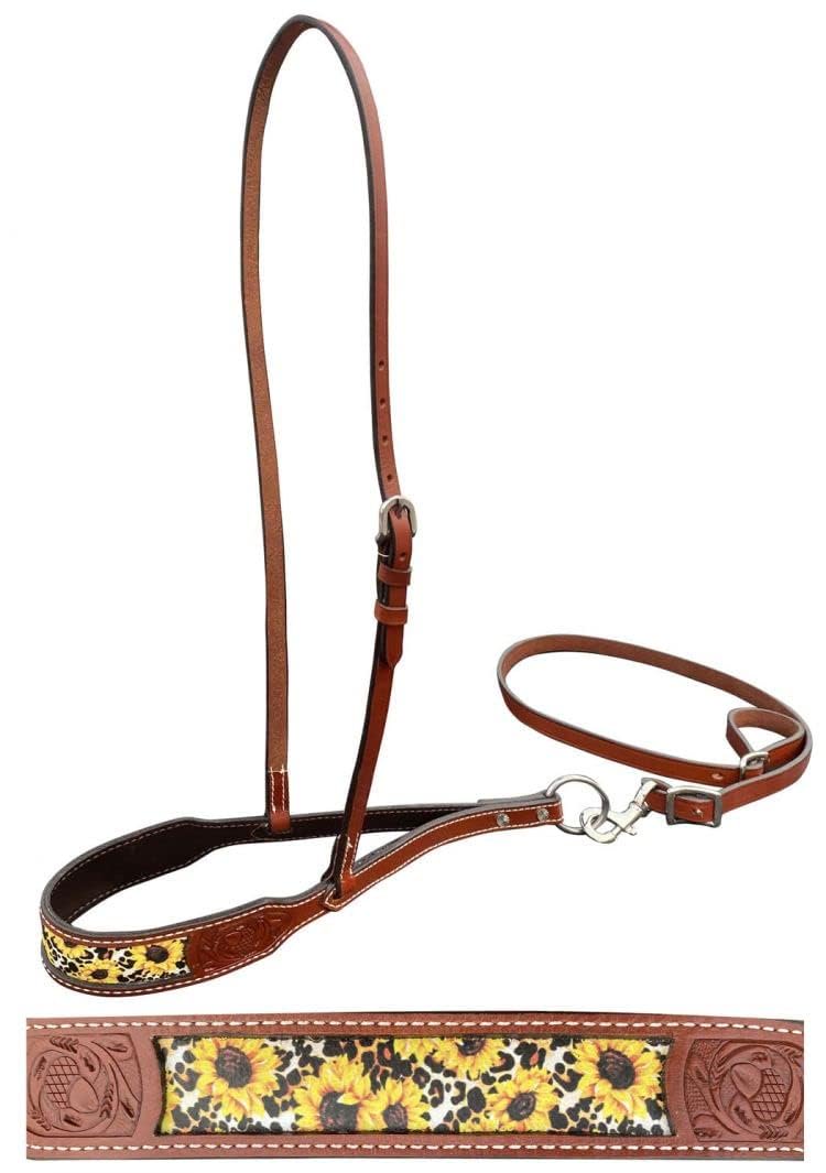 Showman Leather Noseband Tie Down w/Sunflower & Cheetah Print