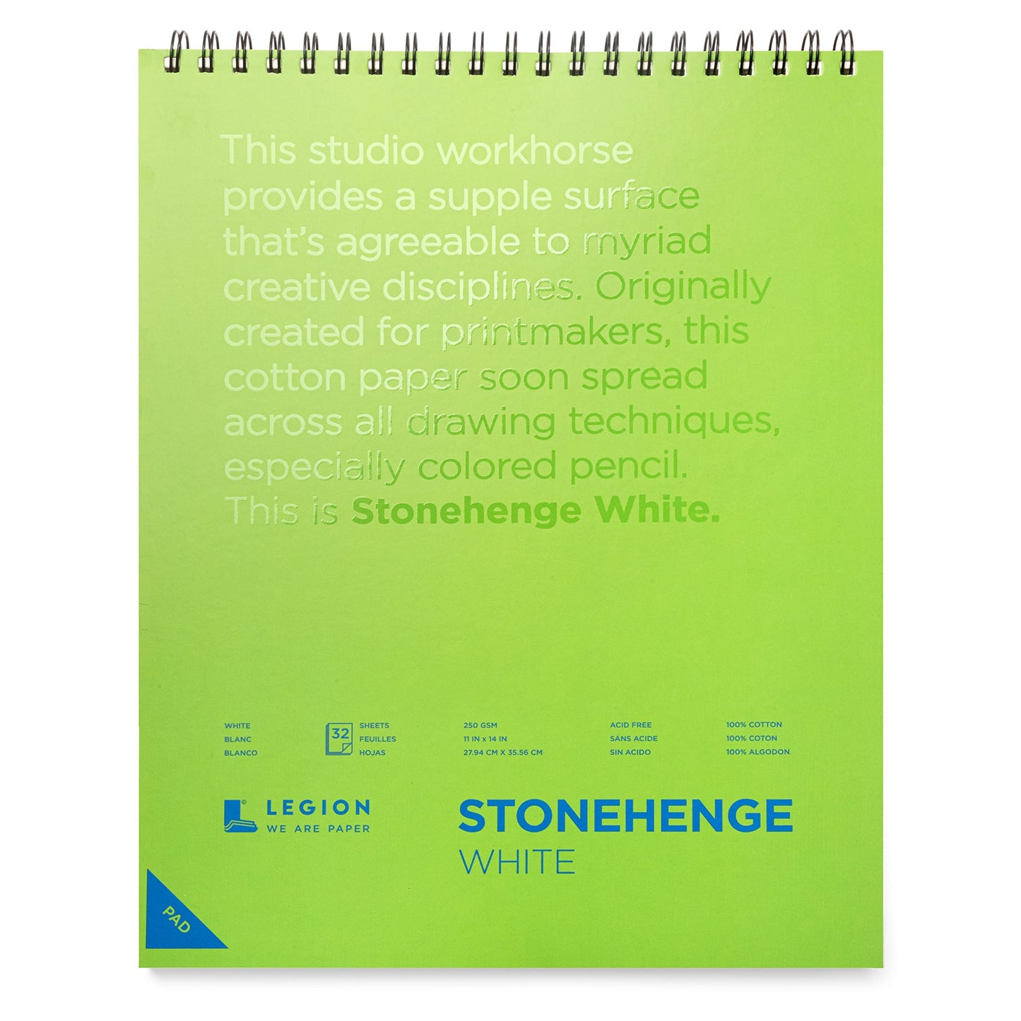 Stonehenge 100% Cotton Medium Weight Spiral Journal, White, 11 x 14 inches, 250gsm, 32 Sheets for Dry Media