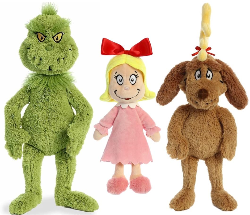 Aurora World Plush - Dr. Seuss The Grinch with Max & Cindy Lou Who, Green, Brown, Pink, White, Yellow