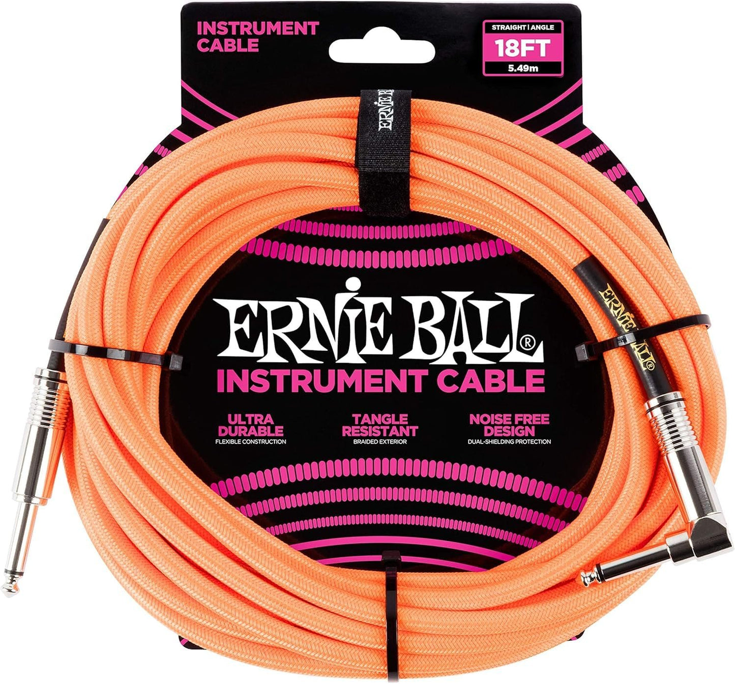 Ernie Ball Braided Instrument Cable Set Straight/Angle Length 18ft in Neon Orange (P06084) - Pack of 2