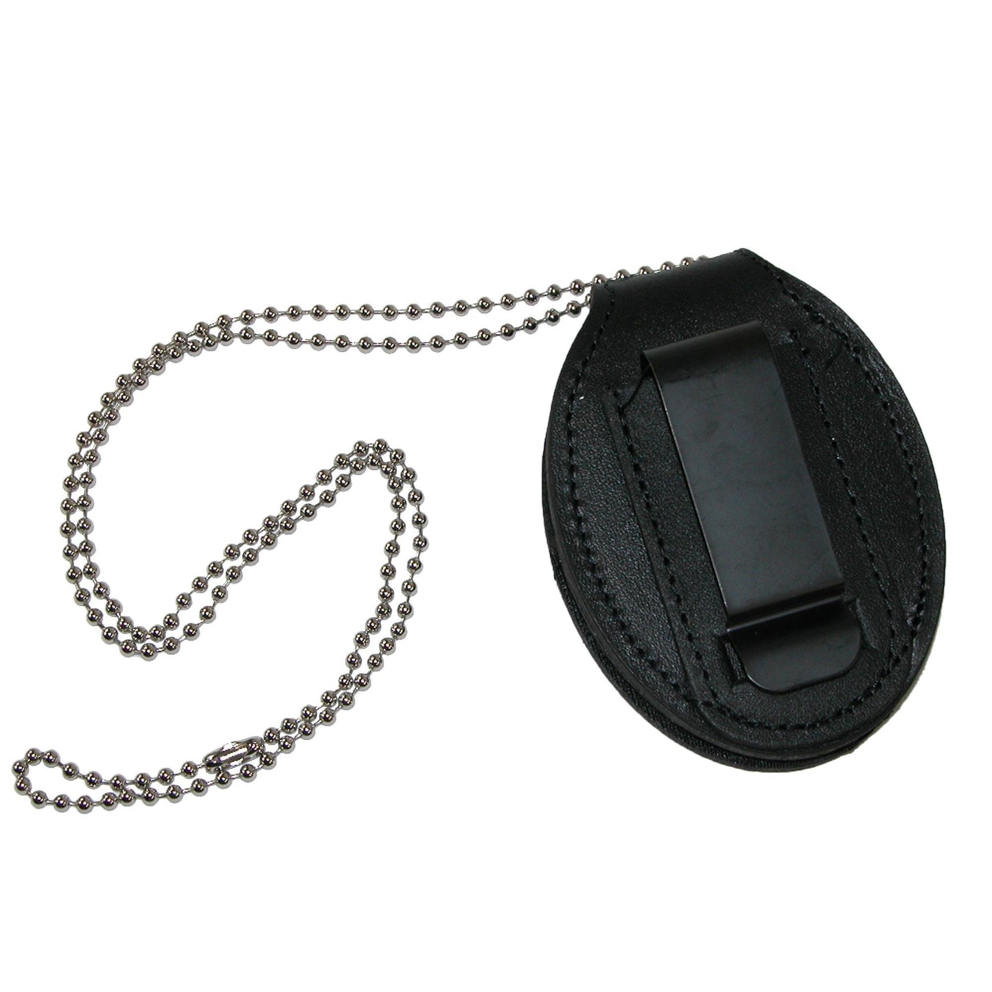 Boston Leather Unisex Leather Clip Back Oval Pin-On Badge Holder with Neck Chain, Black