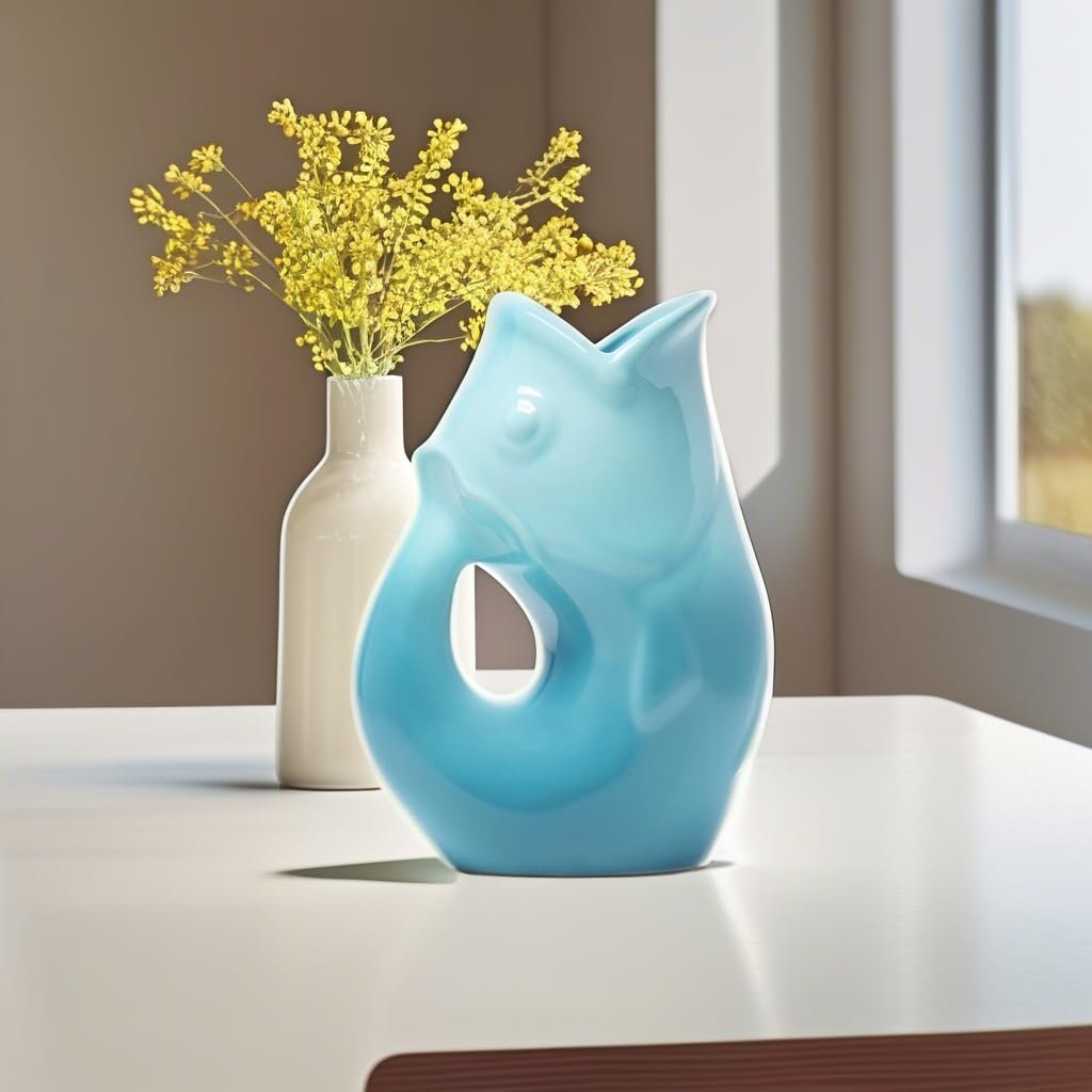 Gurgle Pot Fish Pitcher- Gradient Blue - 42 oz Capacity | Beverage Pitcher | Blue Serving Ware for Parties | Indoor and Outdoor Serveware | Coffee and Dining Room Tables Centerpieces