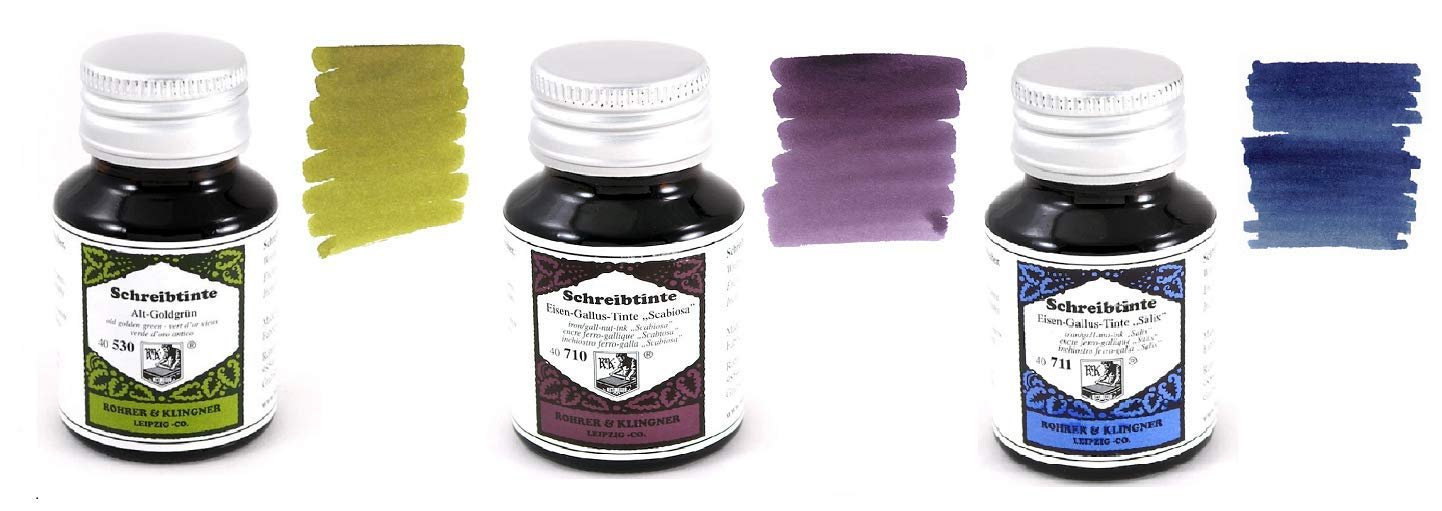 Rohrer & Klingner - 50ml Bottle Fountain Pen Ink Set - 3X Bottles - Salix, Alt-Goldgrun, Scabiosa