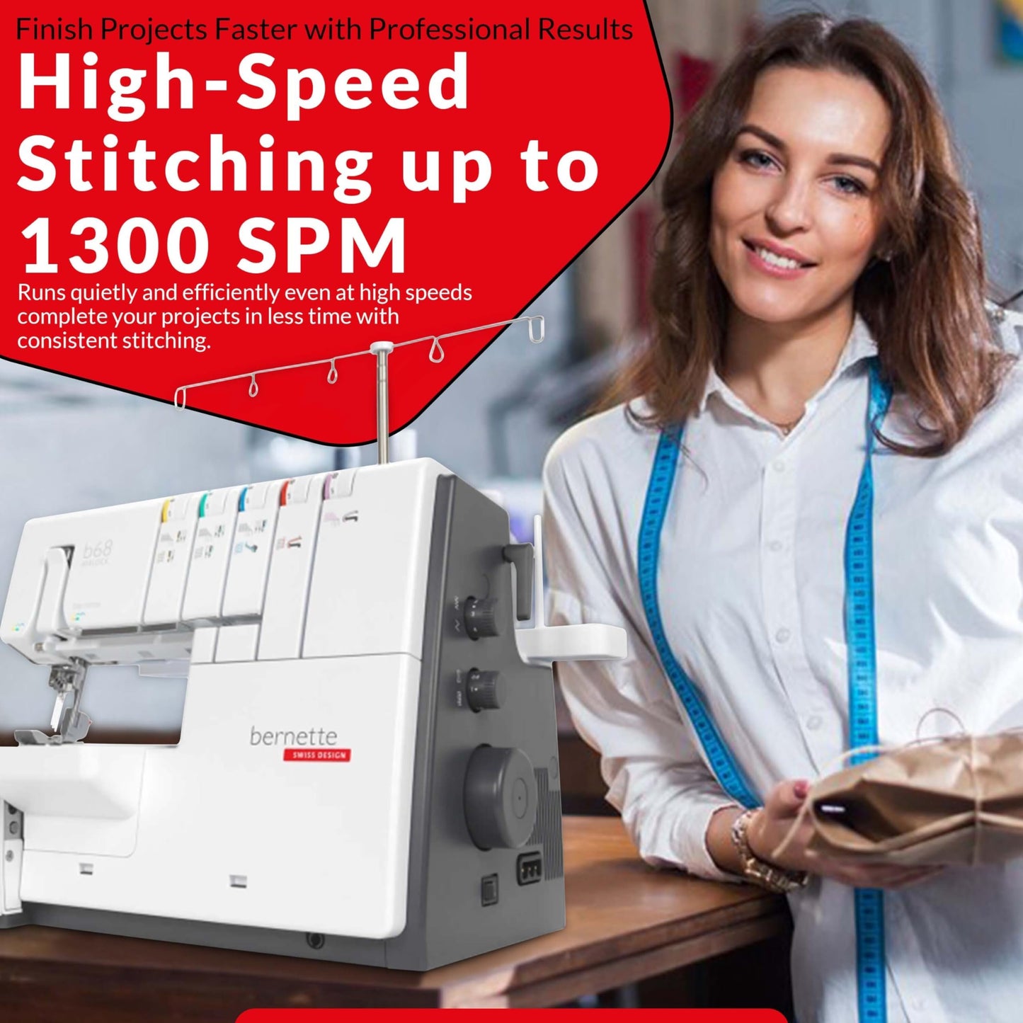 Bernette B68 Airlock Serger Sewing Machine | Adjustable Stitch Length, 1300SPM, LED Light, 5 Thread Options, Presser Foot Adjustment | Free 6 Pcs Overlock Foot Kit & 7 Pcs Coverstitch Foot Kit