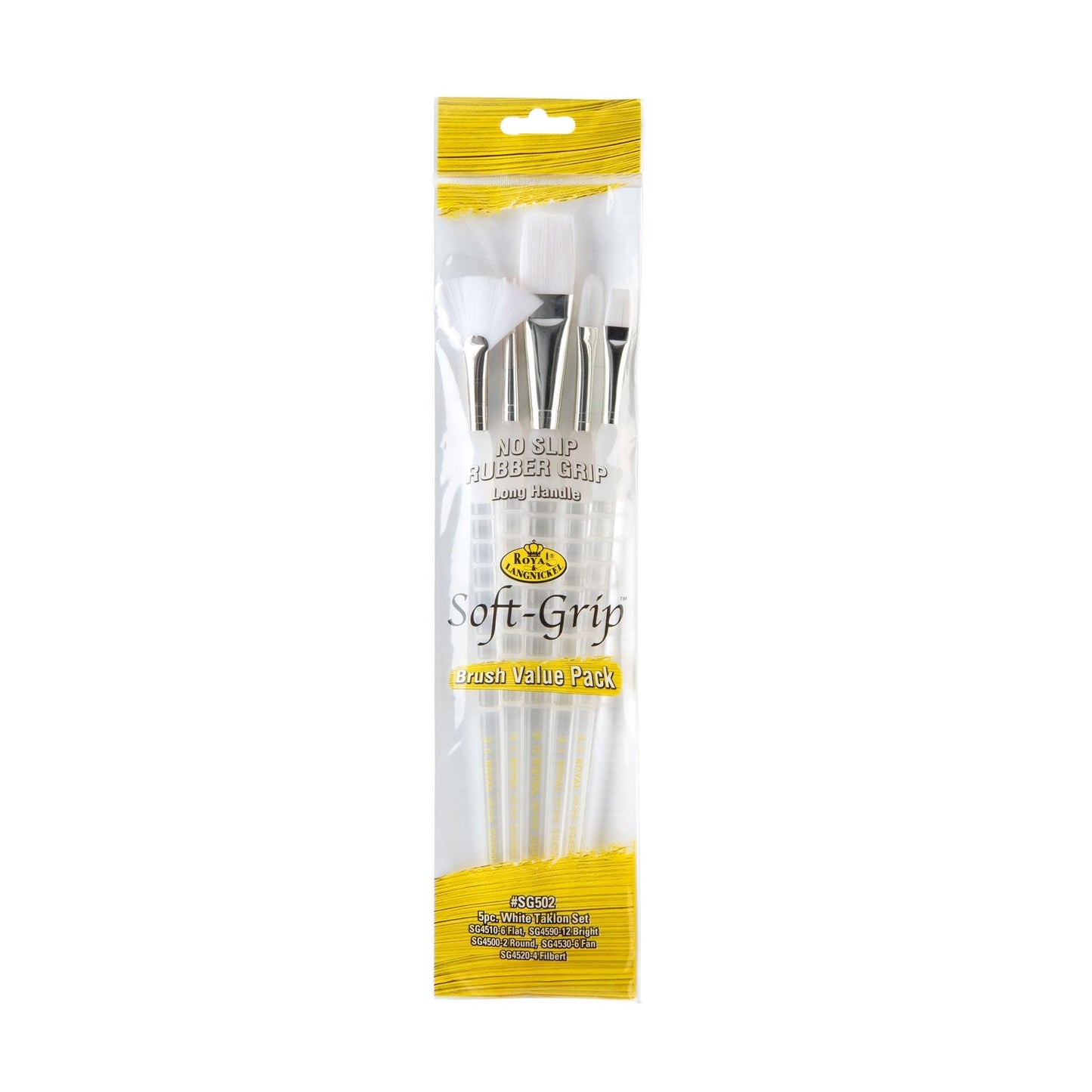 Royal and Langnickel Long Handle Soft Grip Taklon Variety Brush Set - White (Pack of 5)