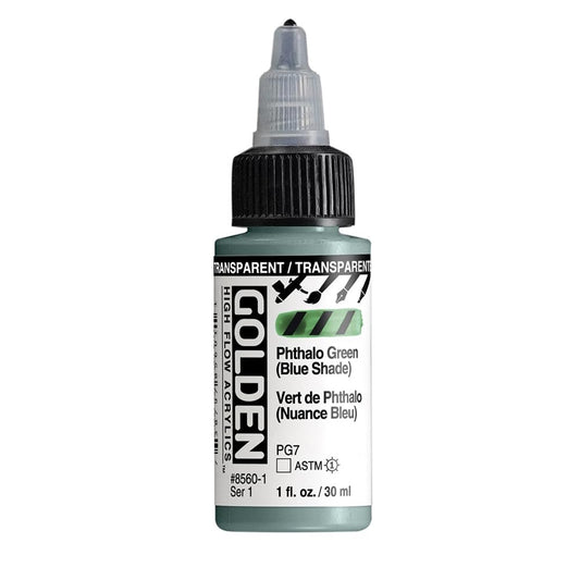 High Flow Acrylics by GOLDEN, Transparent Phthalo Green (Blue Shade), 1 fl. oz. Bottle, Professional Acrylic Paint, Transparent