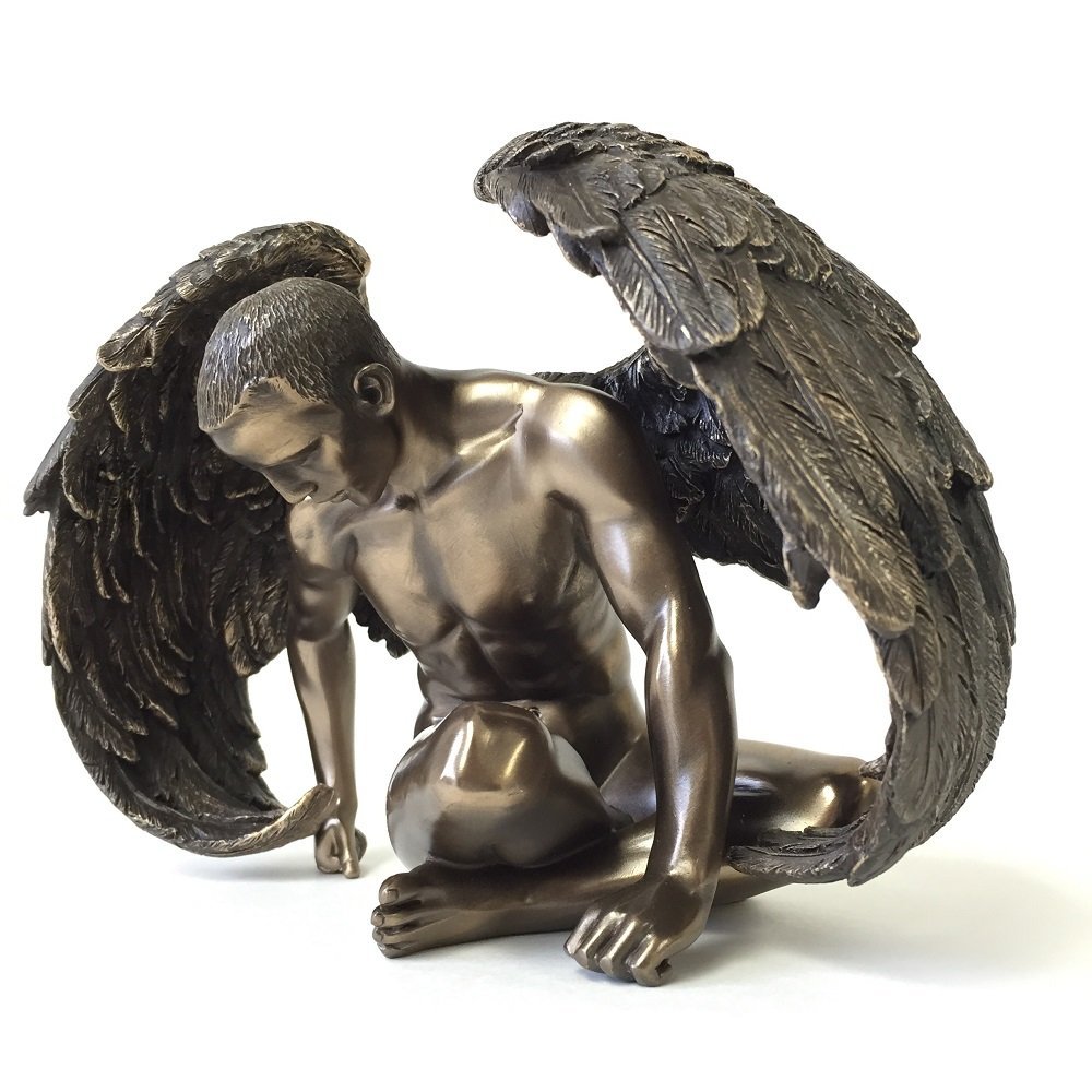 Winged Male Nude Angel Sitting Statue Sculpture