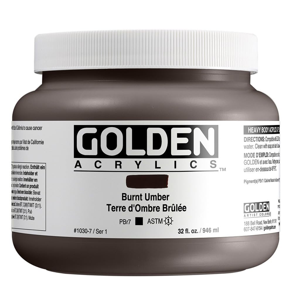 Heavy Body Acrylics by GOLDEN, Burnt Umber, 32 fl. oz. Jar, Professional Acrylic Paint, Opaque