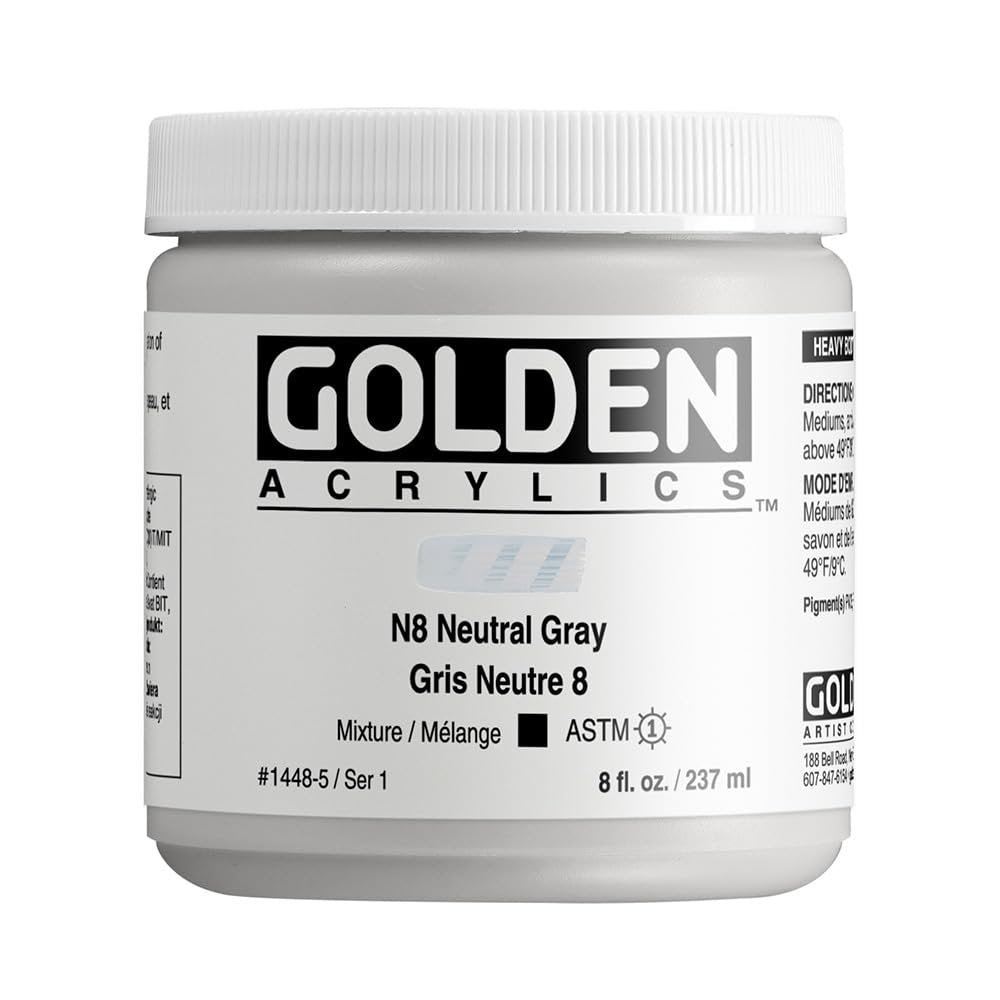 Heavy Body Acrylics by GOLDEN, N8 Neutral Gray, 8 fl. oz. Jar, Professional Acrylic Paint, Opaque