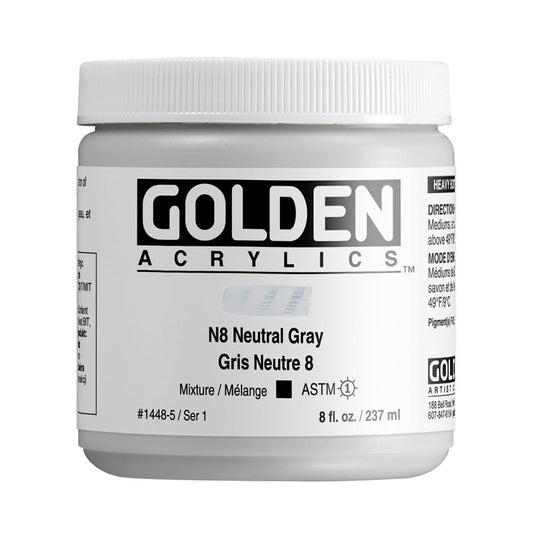 Heavy Body Acrylics by GOLDEN, N8 Neutral Gray, 8 fl. oz. Jar, Professional Acrylic Paint, Opaque