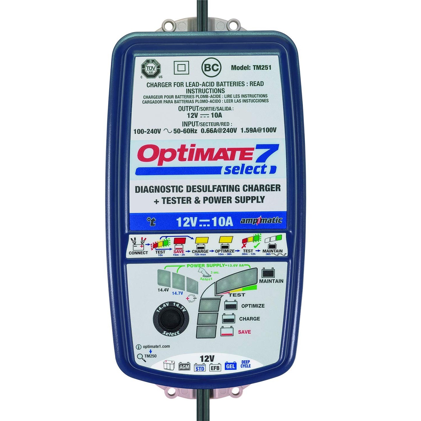 OptiMATE 7 SELECT, TM-251, 9-step 12V 10A sealed battery saving charger & maintainer