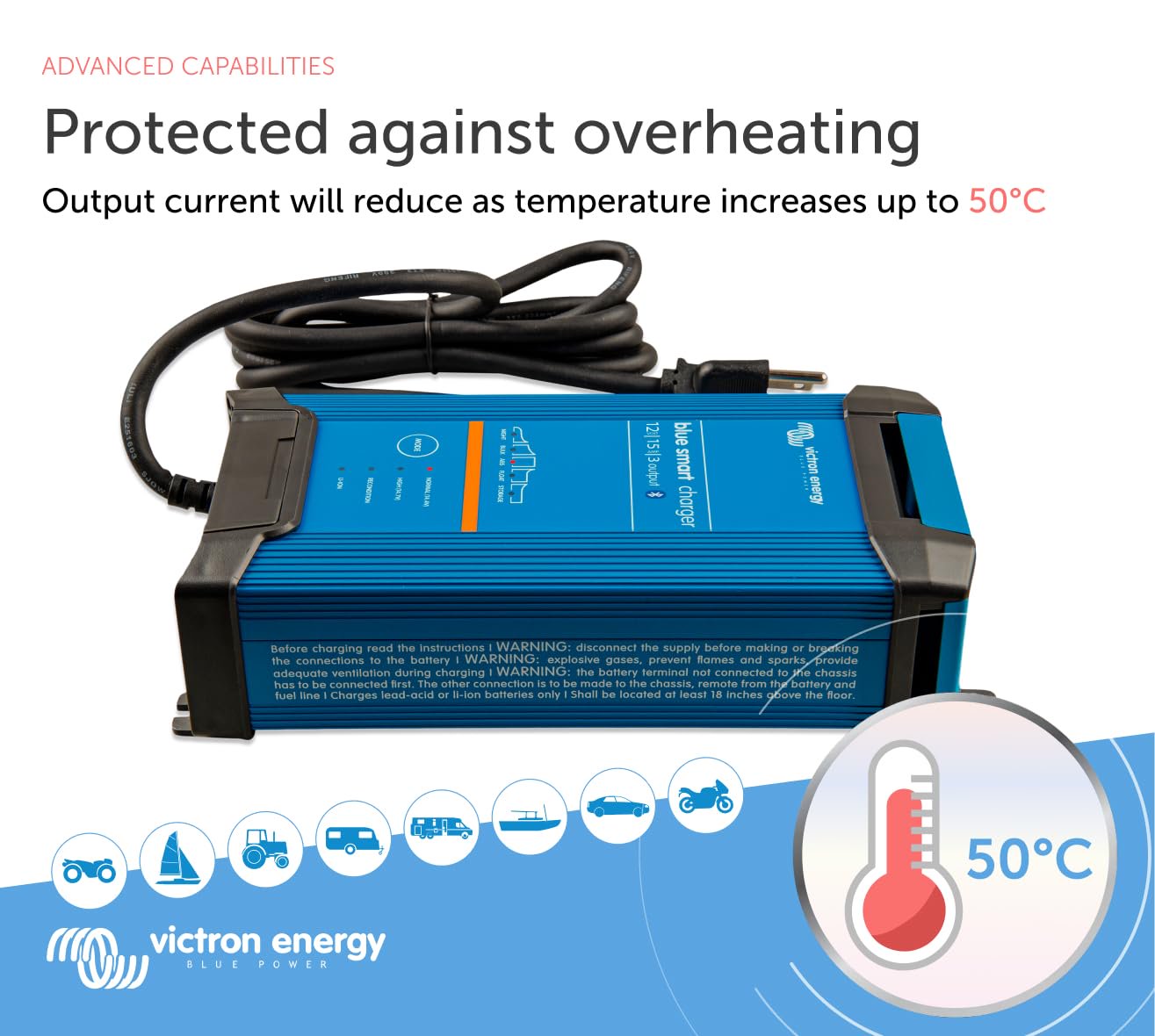 Victron Energy Blue Smart IP22 Smart Car Battery Charger 12V 15A, Float & Trickle Charger and Desulfator for Motorcycle, ATV, RV, Lithium and Deep Cycle Batteries, 3 outputs