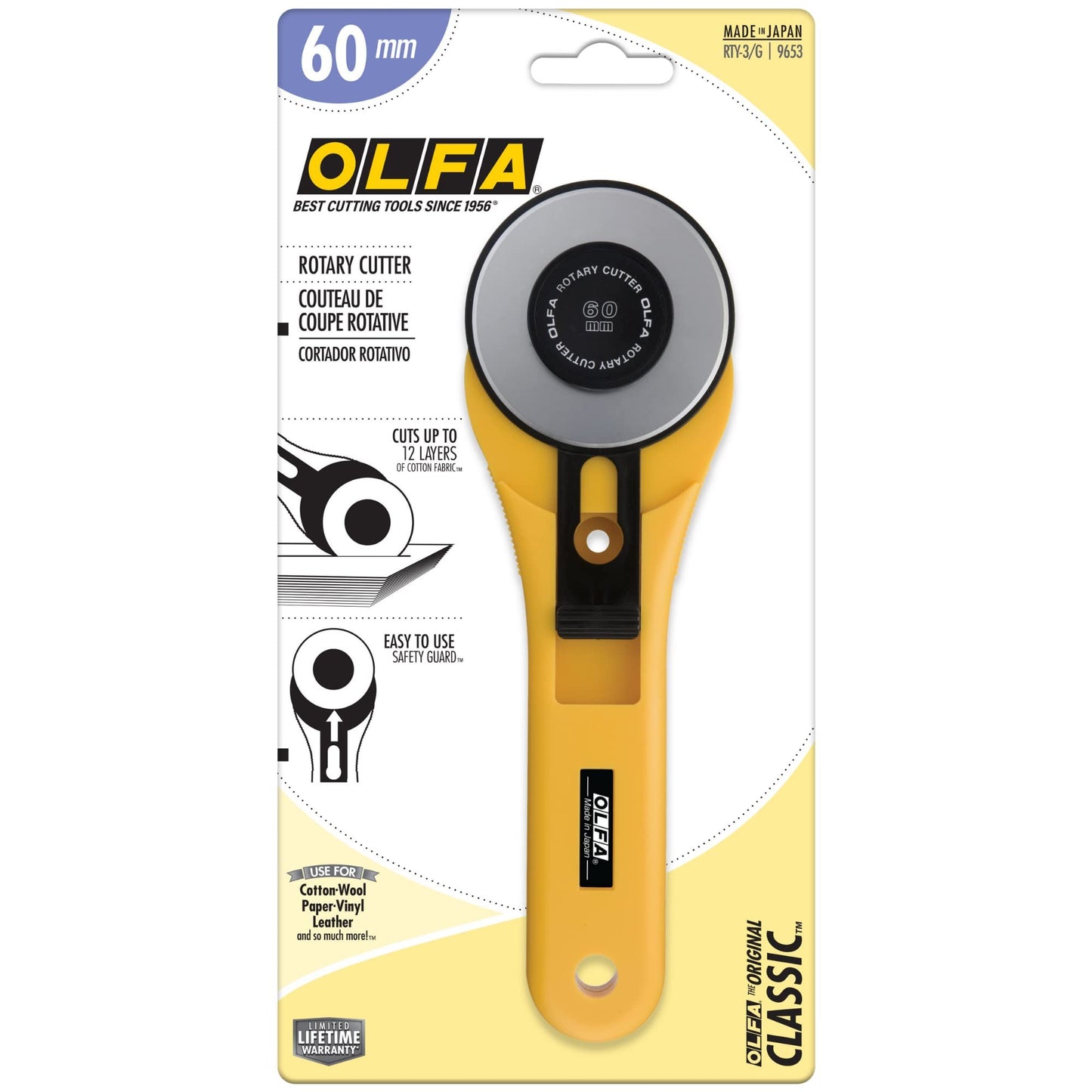 OLFA 60mm Straight Handle Rotary Cutter (RTY-3/G) - Rotary Fabric Cutter w/Blade Cover for Crafts, Sewing, Quilting, Replacement Blade: OLFA RB60-1