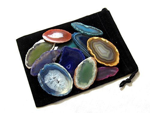 Zentron Crystals Colorful Set of 12 Polished Agate Slices in Velvet Bag (Mix w/Holes)
