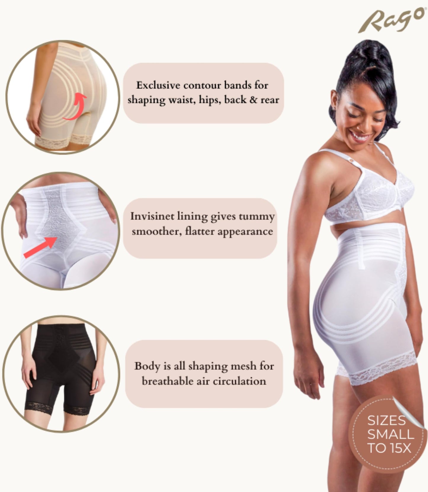 6209 High Waist Thigh Shaper | Size Sm - 15X | Made in USA | Flex Fit | No Top Roll | Firm - Extra Firm Tummy-Thigh Control