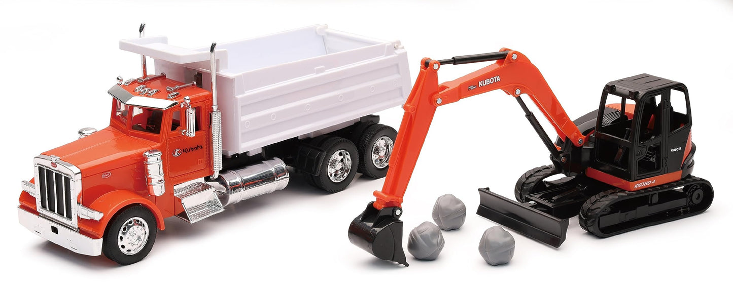 New Ray Peterbilt Dump Truck Orange and White and Kubota KX080-4 Excavator Orange and Black with Rocks 1/32 Diecast Model