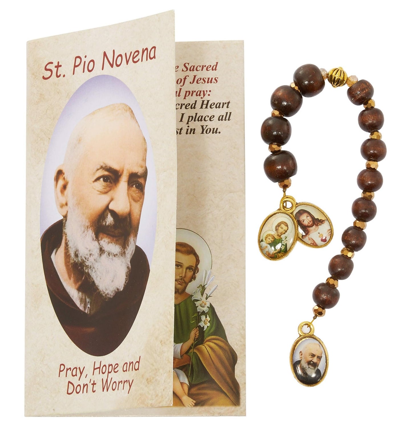 St Pio Novena Chaplet Brown Prayer Beads with Full Color Medal and How To Pray Chaplet Card