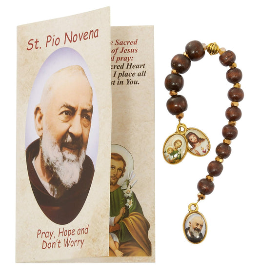 St Pio Novena Chaplet Brown Prayer Beads with Full Color Medal and How To Pray Chaplet Card