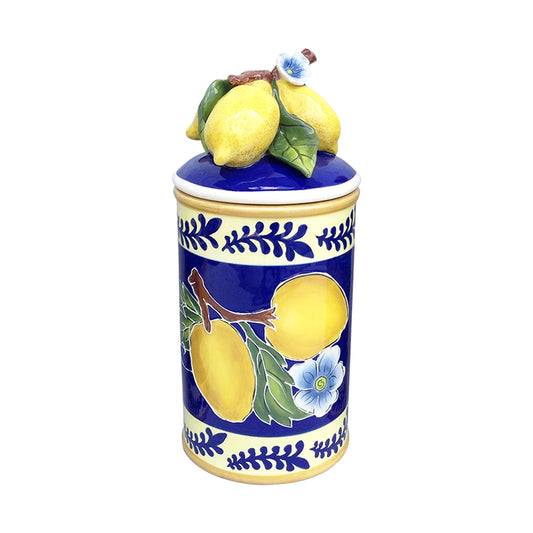 Blue Sky Ceramics Kiln Fired Clay Lemon Canister – Hand Casted & Painted Heavy Duty Ceramic Storage Perfect for Cookies, Dog Treats, Candy, Flour or Sugar Fruit Themed Decoration (Medium)