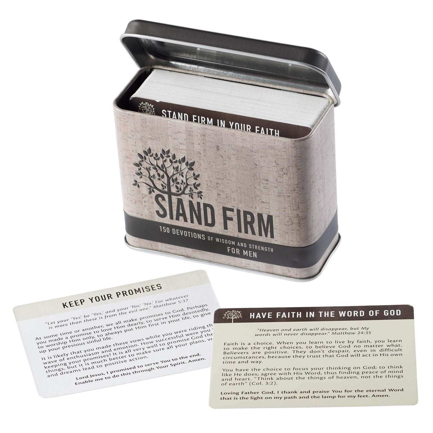 Christian Art Gifts Scripture Verse Prayer Devotional Cards for Men, Dad, and Teens: Stand Firm Set of 150 Inspirational Bible Verse Classic Devotions, 75 Double-Sided Cards in Sturdy Storage Tin Box