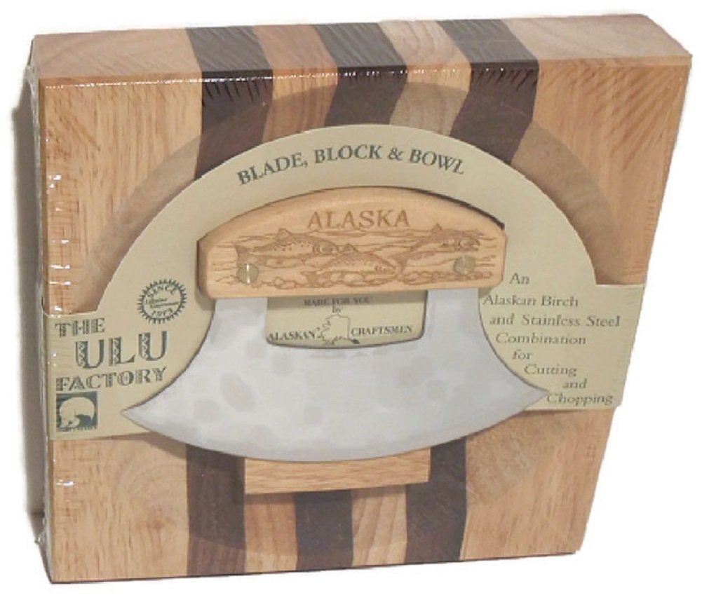 Large Alaska Ulu Bowl Set Salmon School Etched Handle (1)