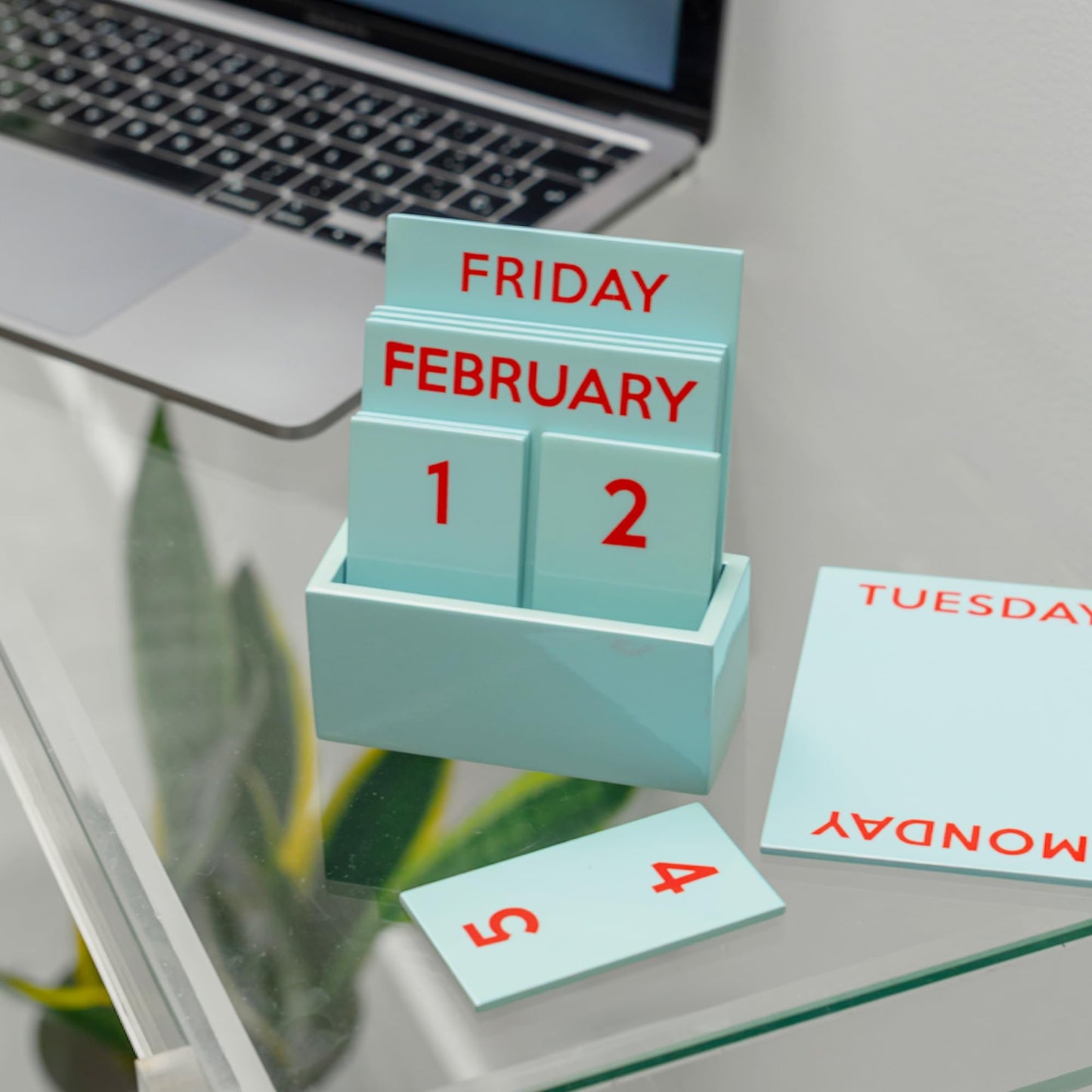 Light Blue Small Glossy Desk Calendar – Compact Full-Color Desktop Calendar (3.94 x 1.57 x 4.80 in)